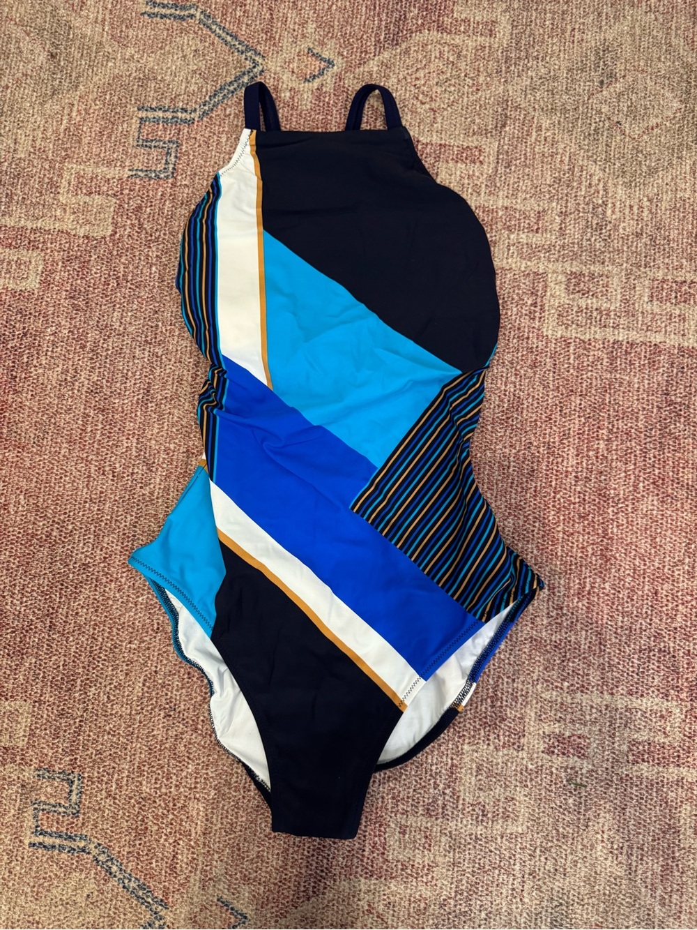 Gottex Geometric blue & gold athletic high neck open back swim suit sz 6 new